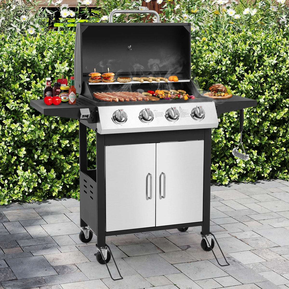 4-Burner Gas Grill with 4 Universal Wheels & Bottle Opener, 40000BTU Outdoor Grill with Side Table for Camping, Black & Sliver