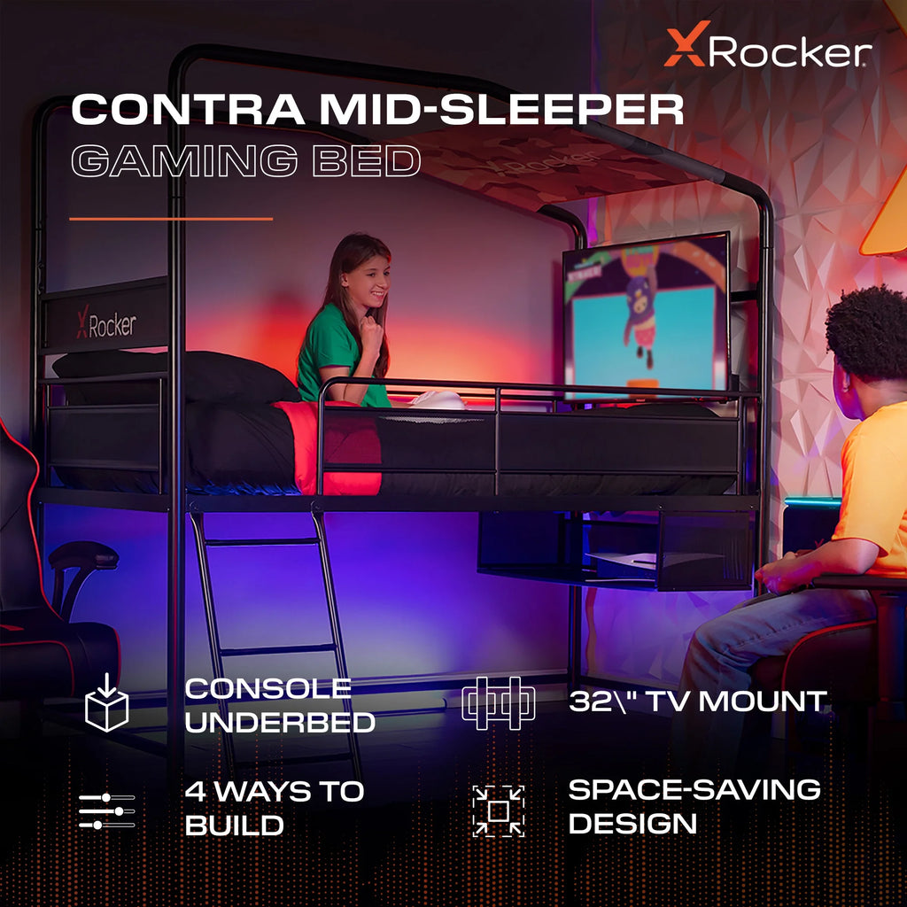 X Rocker Contra Mid-Sleeper Gaming Bed with TV Mount, Black, Twin, Children, Teen, 74.88 H
