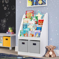 RiverRidge Kid Bookshelf Toy Storage Organizer with 4 Bookracks 2 Cubbies and 2 Gray Bins