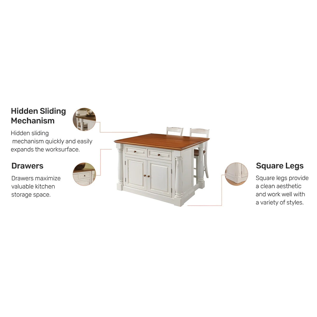 Homestyles Monarch Wood Kitchen Island Set in Off White