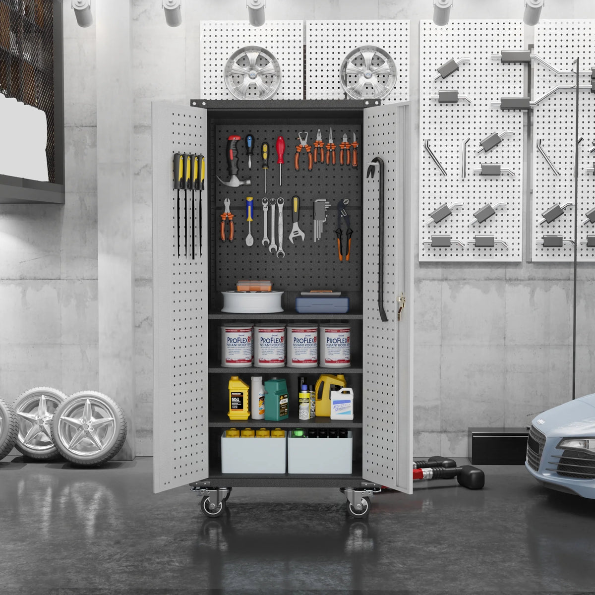 SUPEER 71" Metal Storage Cabinets with Wheels and Pegboards, Industrial Cabinet with 2 Drawers and 2 Adjustable Shelves,, Assembly Required