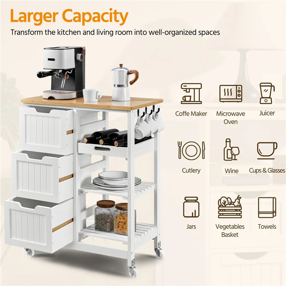 Alden Design 33" H Kitchen Storage Serving Cart for Kitchen Dining Room Bar, White