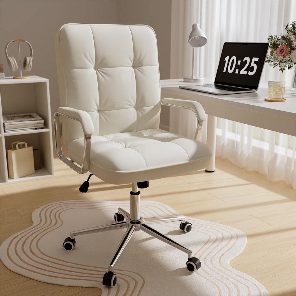 Solfway White Office Chair, Swivel Leather Computer Desk Chair with Wheels and Padded Arms, Executive Office Chair for Adults