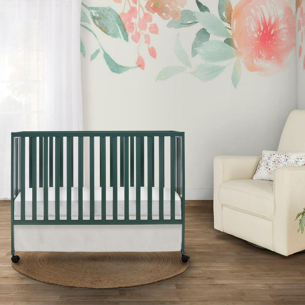 Dream On Me Quinn Full-Size Folding Crib. Removable Wheels. Modern Nursey. Adjustable Mattress Support. Patent Folding System in Olive