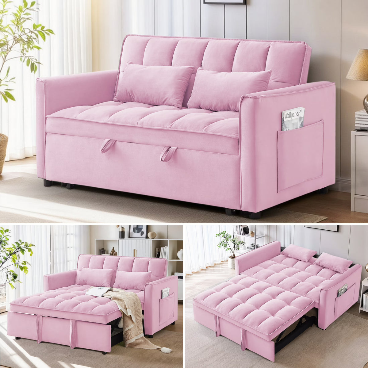 EPOWP Convertible Sofa Bed, 3 in 1 Pull Out Sleeper Loveseat Couch with Storage, Black