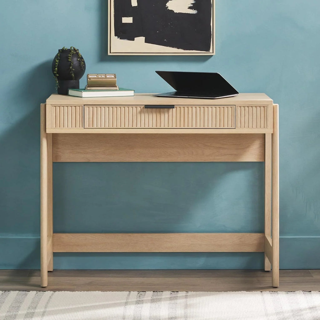 LHHP Transitional Style Furniture, Reeded Detail, Lift-Top Desk with Drawer and Storage Cubby, Sitting to Standing Desk, Soft Self-Close Desktop, 38��W x 16.75��D x 30��H, Coastal Oak