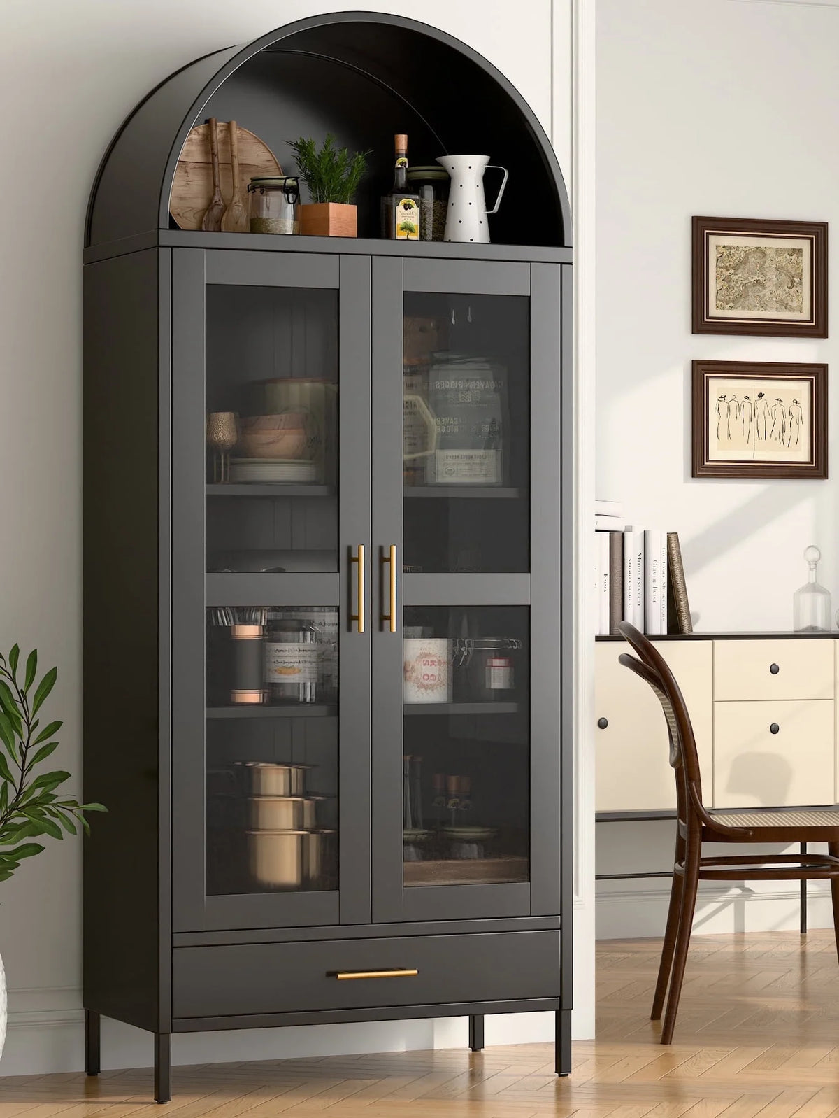SUPEER Metal Arched Storage Display Cabinet with Glass Doors and Adjustable Shelves, Lockable Cabinet, Assembly Required, Black