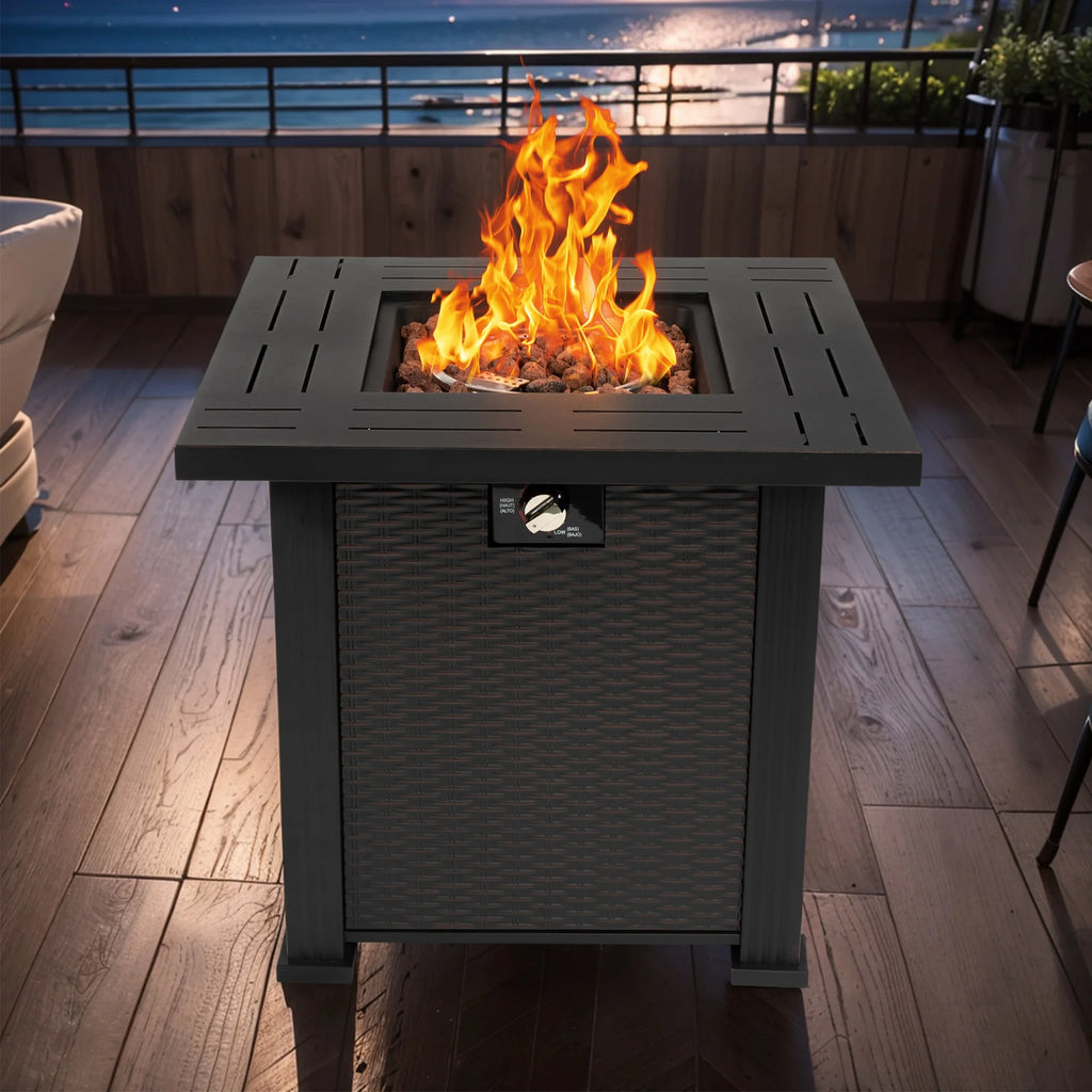 28" Fire Pit Table, Propane Fire Pit with Lid, Lava Rocks, 50000 BTU Outdoor Gas Fire Pit, Metal Square Propane Fire Pit for Outside Garden Backyard Deck Patio, Brown, LLL4008