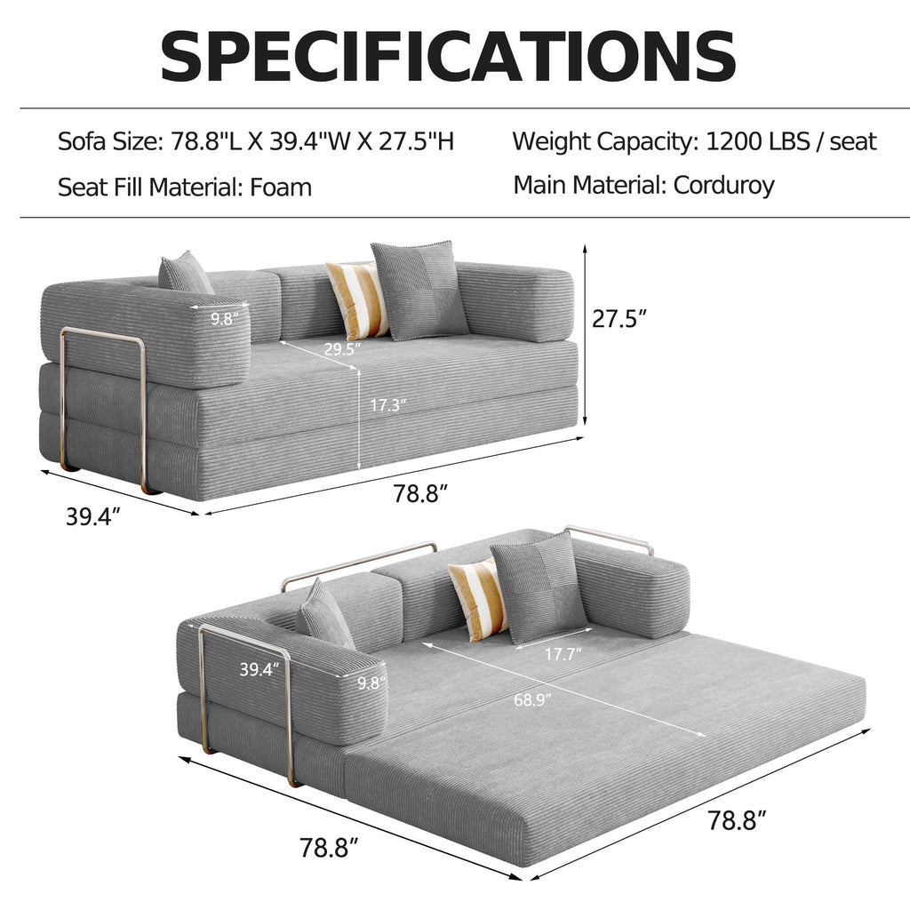 Convertible Sleeper Sofa Bed,Compressed Floor Boneless Couch,Modular Modern Corduroy Sofa for Living Room Bedroom -with Fixed-Shape Frame and Support Armrest,Easy Assembly(Green)