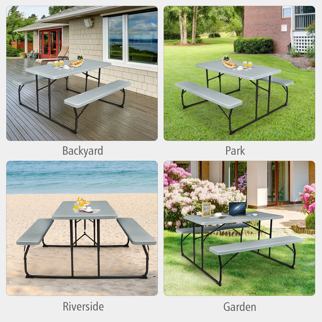 Gymax Folding Picnic Table & Bench Set for Camping BBQ w/ Steel Frame Grey