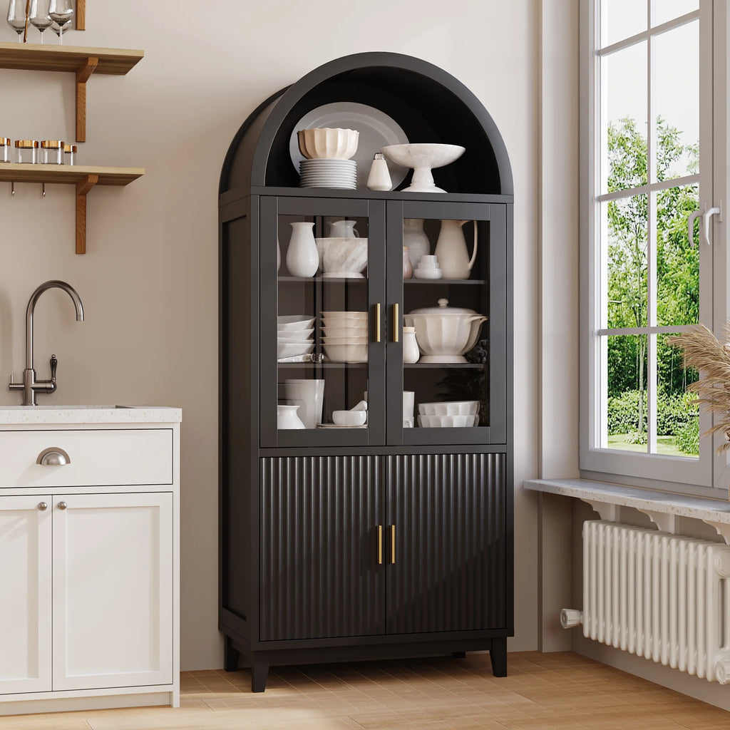 VEANERWOOD 71" Tall Arch Cabinet, Wood Fluted Kitchen Kitchen Storage Cabinet with 4 Doors and 6 Shelves for Dining Room Living Room