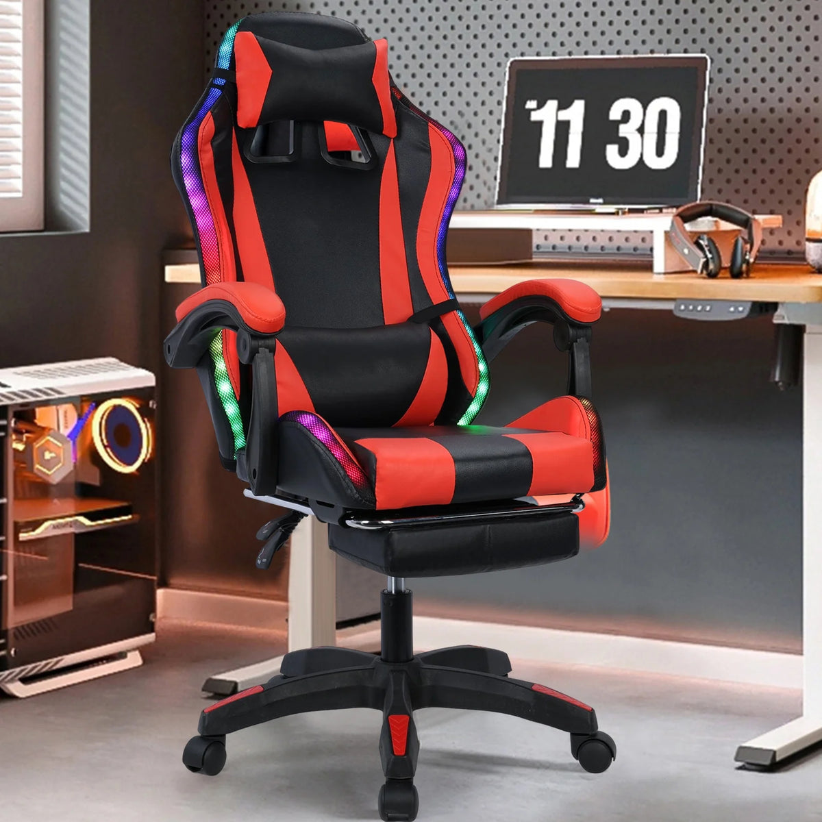 Gaming Chair with Bluetooth-compatible Speakers and RGB LED Lights, Ergonomic Massage Computer Gaming Chair with Height Adjustable, Video Game Chair High Back with Lumbar Support