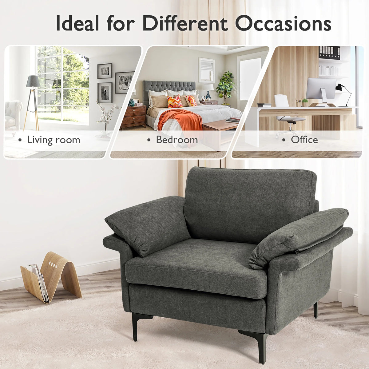 Costway Modern Linen Fabric Accent Armchair Upholstered Single Sofa w/ Metal Legs Grey