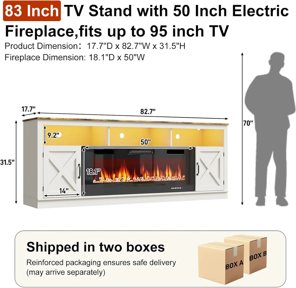 ChVans 70" Fireplace TV Stand for TVs up to 80" with 36" Electric Fireplace, Farmhouse Entertainment Center with LED, Wooden Media Console for Living Room, Bedroom