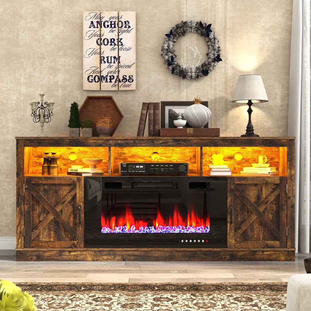 ChVans 70" Fireplace TV Stand for TVs up to 80" with 36" Electric Fireplace, Farmhouse Entertainment Center with LED, Wooden Media Console for Living Room, Bedroom