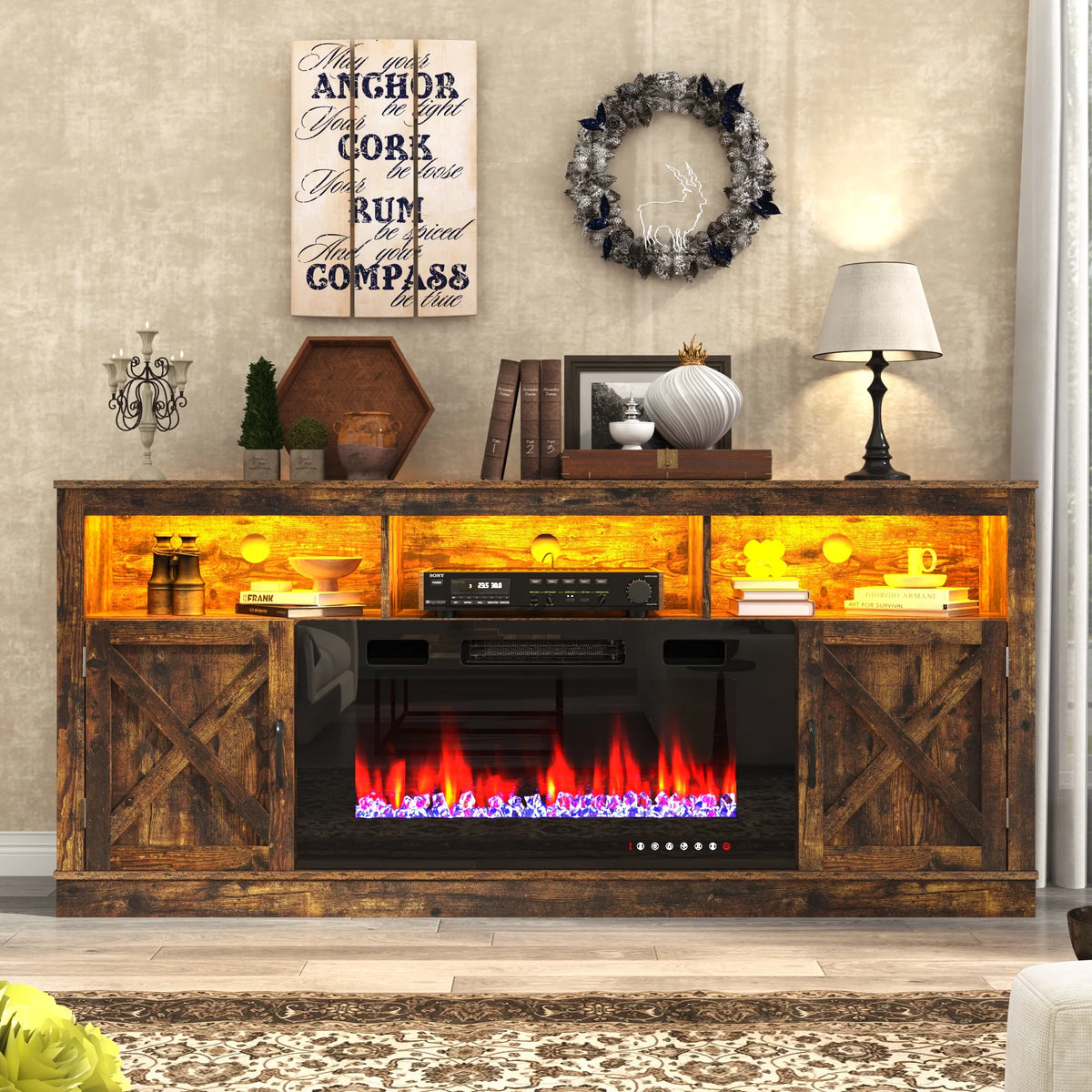 ChVans 70" Fireplace TV Stand for TVs up to 80" with 36" Electric Fireplace, Farmhouse Entertainment Center with LED, Wooden Media Console for Living Room, Bedroom