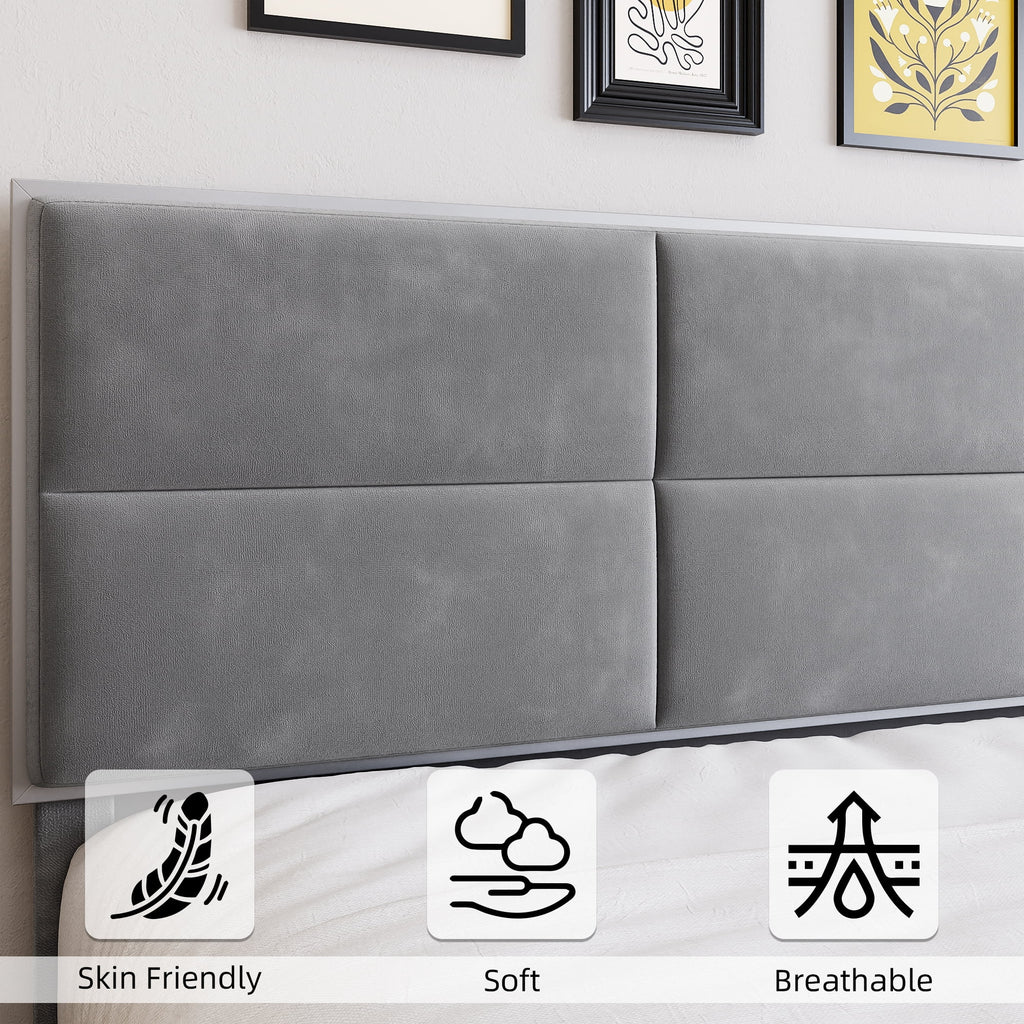 Homhougo King Size Bed Frame Upholstered Platform, Bed Frame with Square Velvet Headboard, Wooden Slats Support, Non-Slip and Noise-Free, No Box Spring Needed, Easy Assembly(Light Gray)
