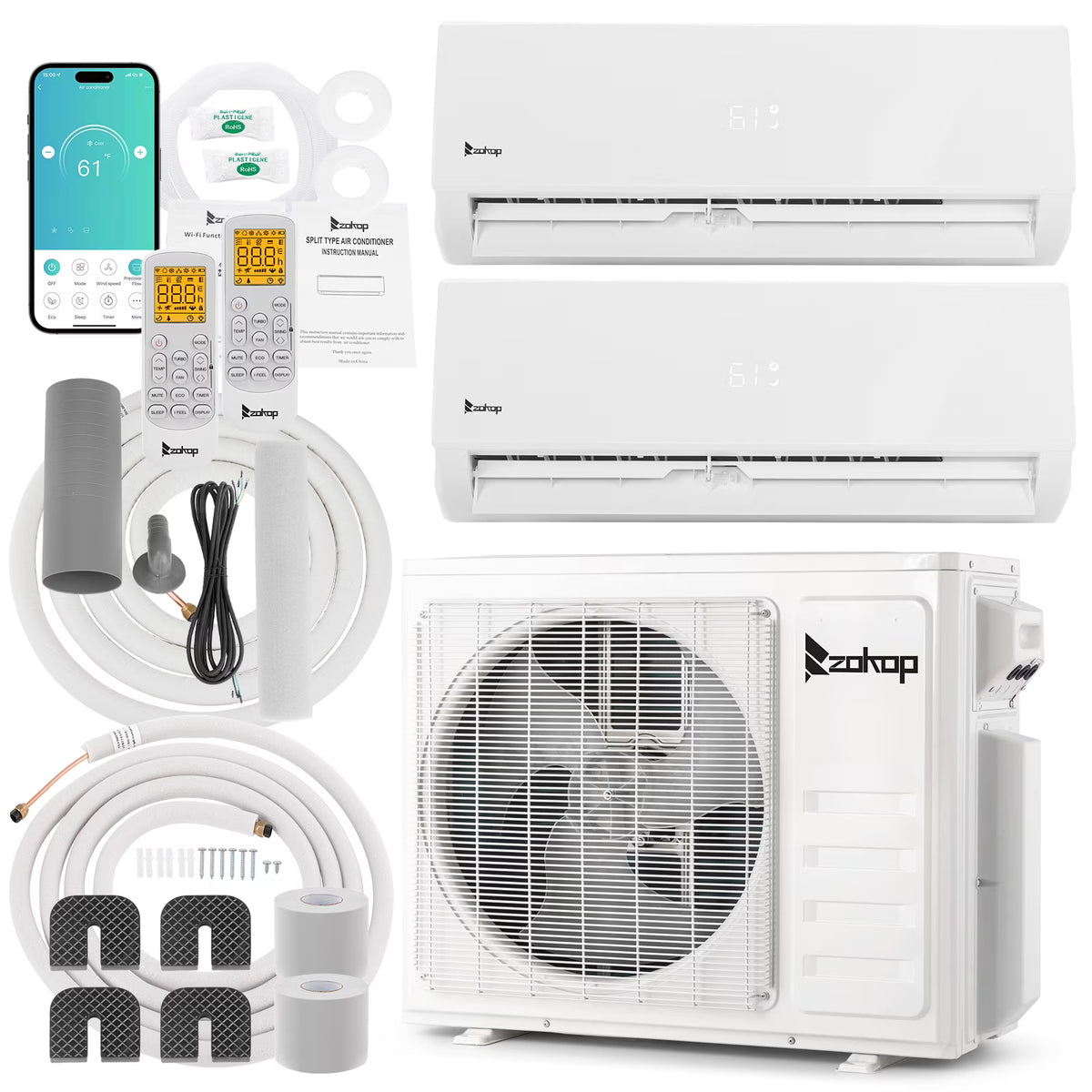 Ktaxon 2 Zone 9000 + 9000 BTU WIFI Mini Split AC/Heating System, 19 SEER2 Dual Zone 18000 BTU Ductless Split Air Conditioner with Pre-Charged Condenser, Heat Pump & 25Ft Installation Kit, 208-230V