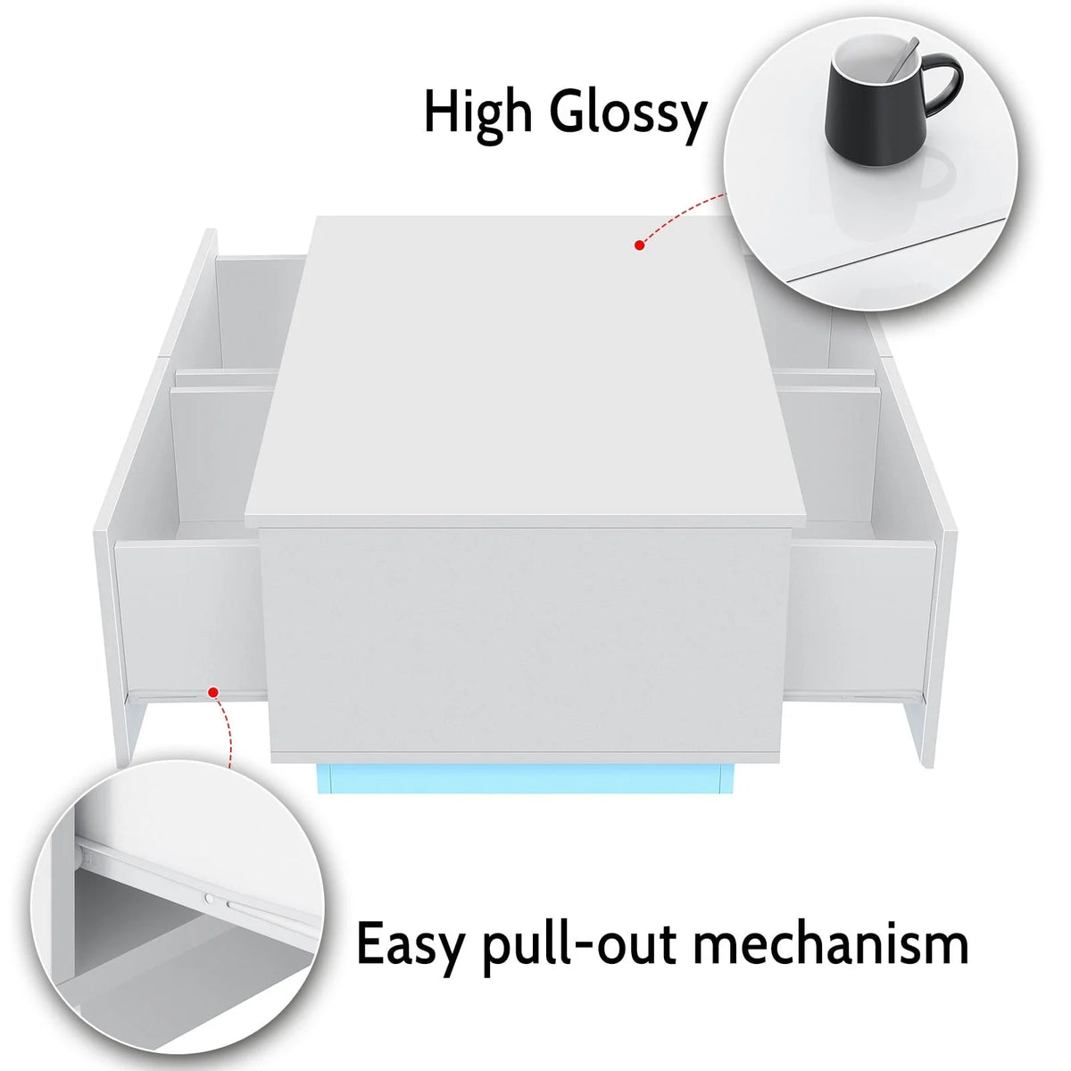 Hommpa Rectangular Coffee Table with LED Lights Tea Tables with 4 Drawers High Gloss Modern Living Room Furniture White Finish Sofa Side Table 37.4 x 23.6 x 15.4 Inches