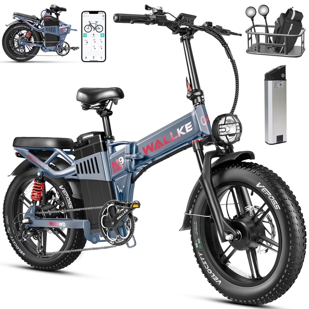 Wallke H9 AWD 3200W Dual Motor Electric Bike for Adult, 82Ah 48V Dual Battery Long Range e-Bicycle, 31-34MPH Fast Ebike, 20" Fat Tire Offroad Full Suspension Folding, 3mm Aluminum Alloy Frame,UL2849