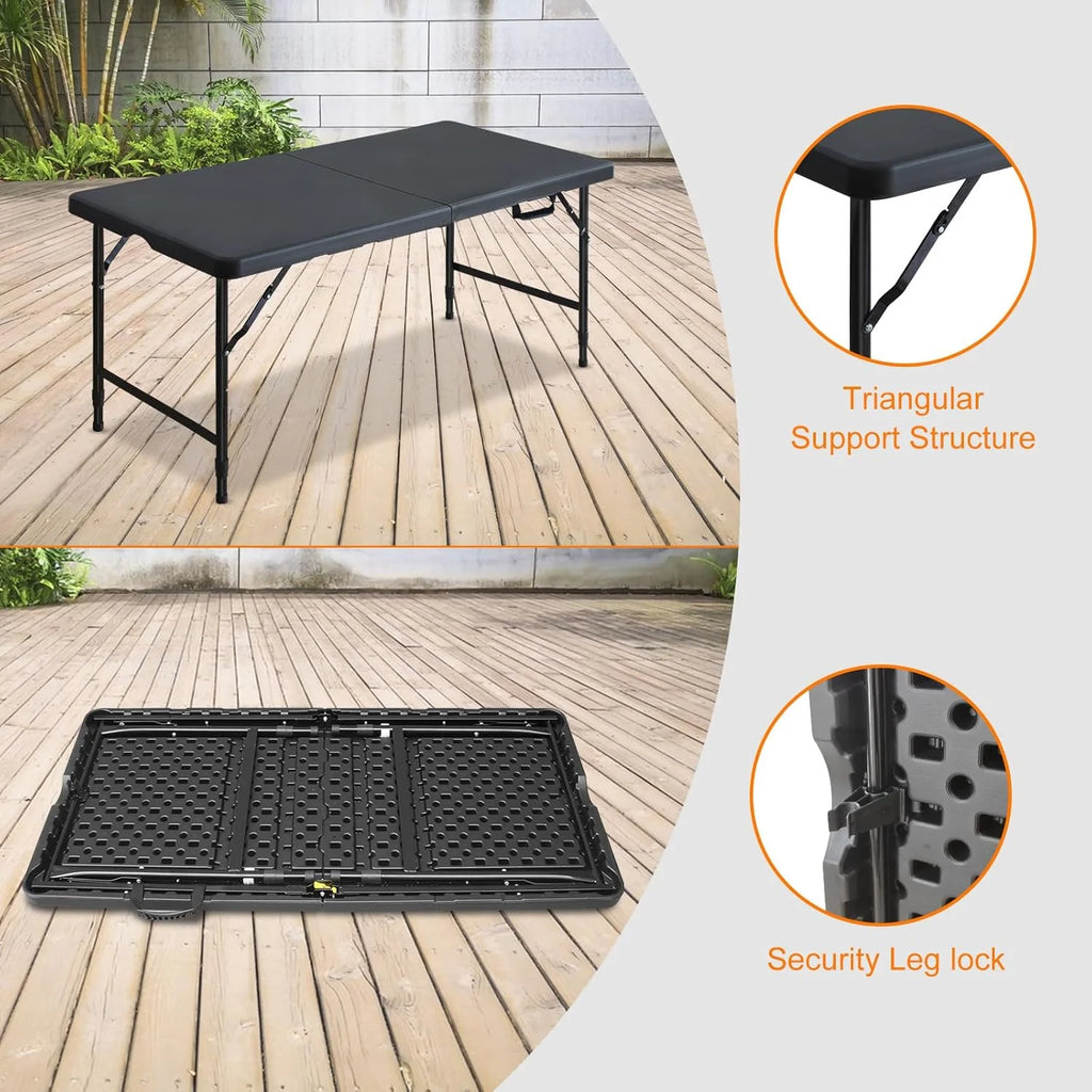 Folding Table with Carry Handle, Portable Fold-in-Half Plastic Table, Rectangle Foldable Table for Indoor