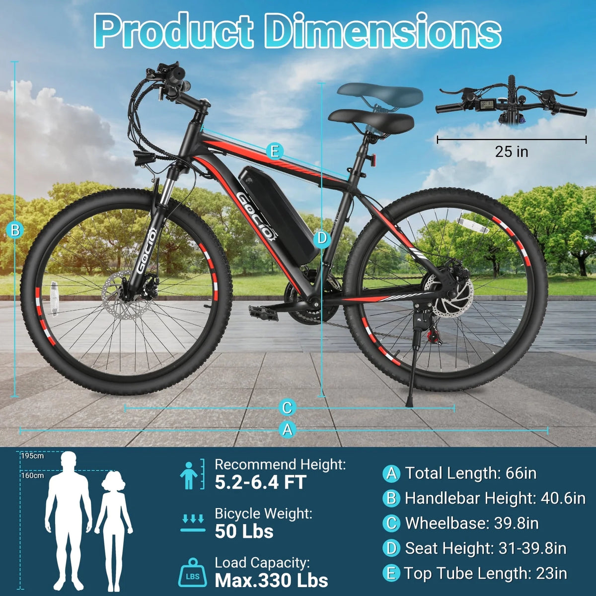 Gocio 26" Electric Bike for Adults, 500W Electric Mountain Bike, 48V 7.8Ah Removable Battery, Ebike with Front Fork Suspension, 21 Speed, UL 2849