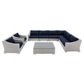 Lounge Sectional Sofa Chair Table Set, Rattan, Wicker, Light Grey Gray Blue Navy, Modern Contemporary Urban Design, Outdoor Patio Balcony Cafe Bistro Garden Furniture Hotel Hospitality