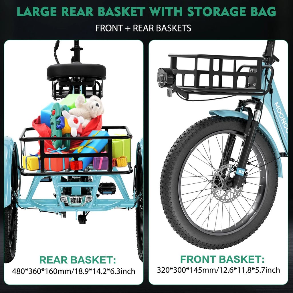 MOONCOOL TK1 Folding Electric Tricycle for Adults,48V 14.5Ah Removable battery, 500W��Peak 1000w��Motor, 20" Fat Tire Step-Thru 3Wheel Electric Bicycle w/Front&Rear Baskets, Certified to UL 2849 by SGS