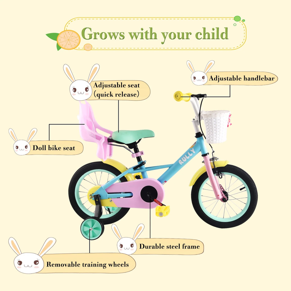 RULLY 14" Kids Bike for 3 4 5 Years Girls 35-47 inch Tall, Girls Toddler Bicycle with Training Wheels, Doll Bike Seat & Coaster Brake, Rainbow Bike, Macarons