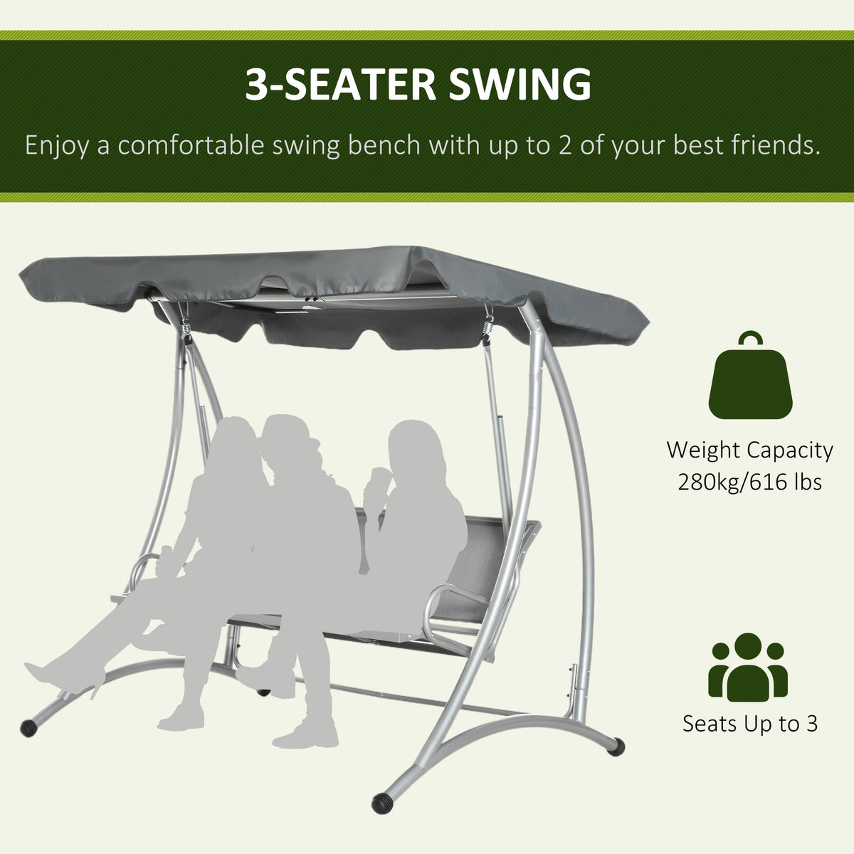 Outsunny 3 Person Patio Swing Seats, Porch Swing with Stand & Adjustable Canopy, Heavy Duty Outdoor Swing Chair Bench for Adults, Black