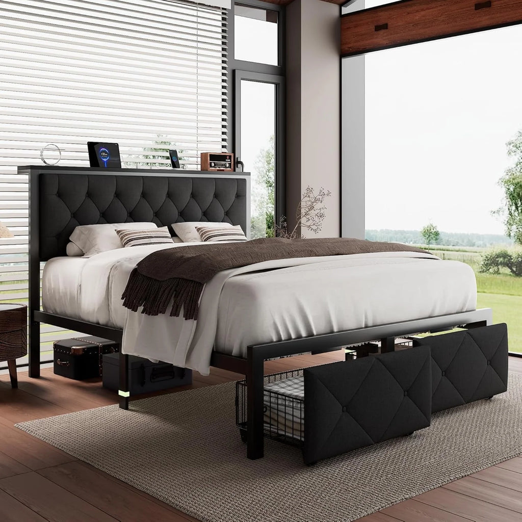 iPormis Full Bed Frame with 2 Drawers, Metal Platform Bed with Charging Station and Linen Fabric Storage Headboard Strong Metal Slats Black,Gray