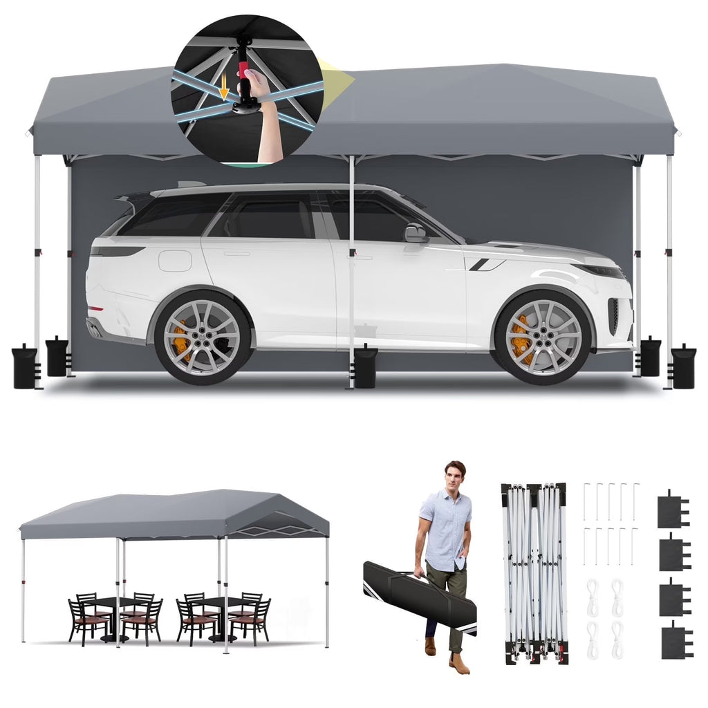 Hoteel Carport Canopy 10x20 Pop Up Shelter with Instant 1-Button Push Center Lock, UV Resistant All-Weather Cover with 2 Sidewalls, Heavy Duty Waterproof Canopy Tent for Cars, Trucks, Boats, White