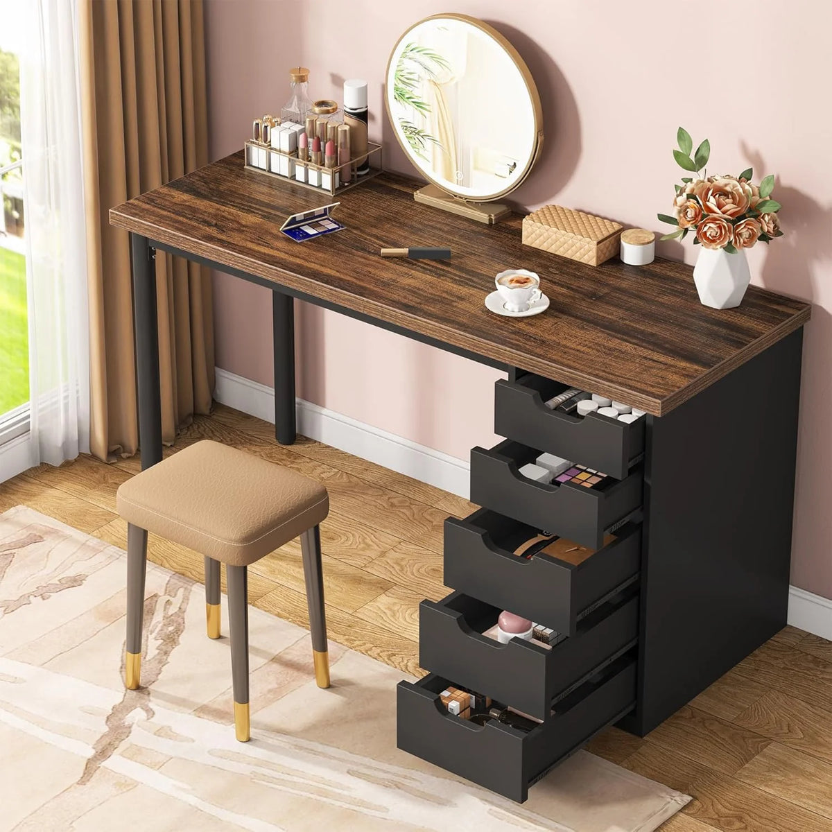 Tribesigns 47 inches Vanity Desk with 5 Drawers, Rustic Makeup Dressing Table with Storage, Modern Simple Computer Desk for Women, Girls (Brown)