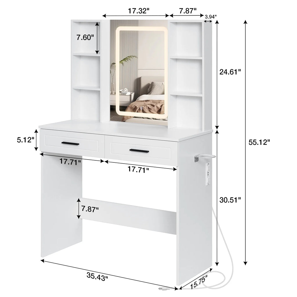Hommpa Vanity, Makeup Vanity with LED Lighted Mirror Vanity Desk with Drawers Vanity Table with Charging Station for Girls Bedroom Storage Shelves, White