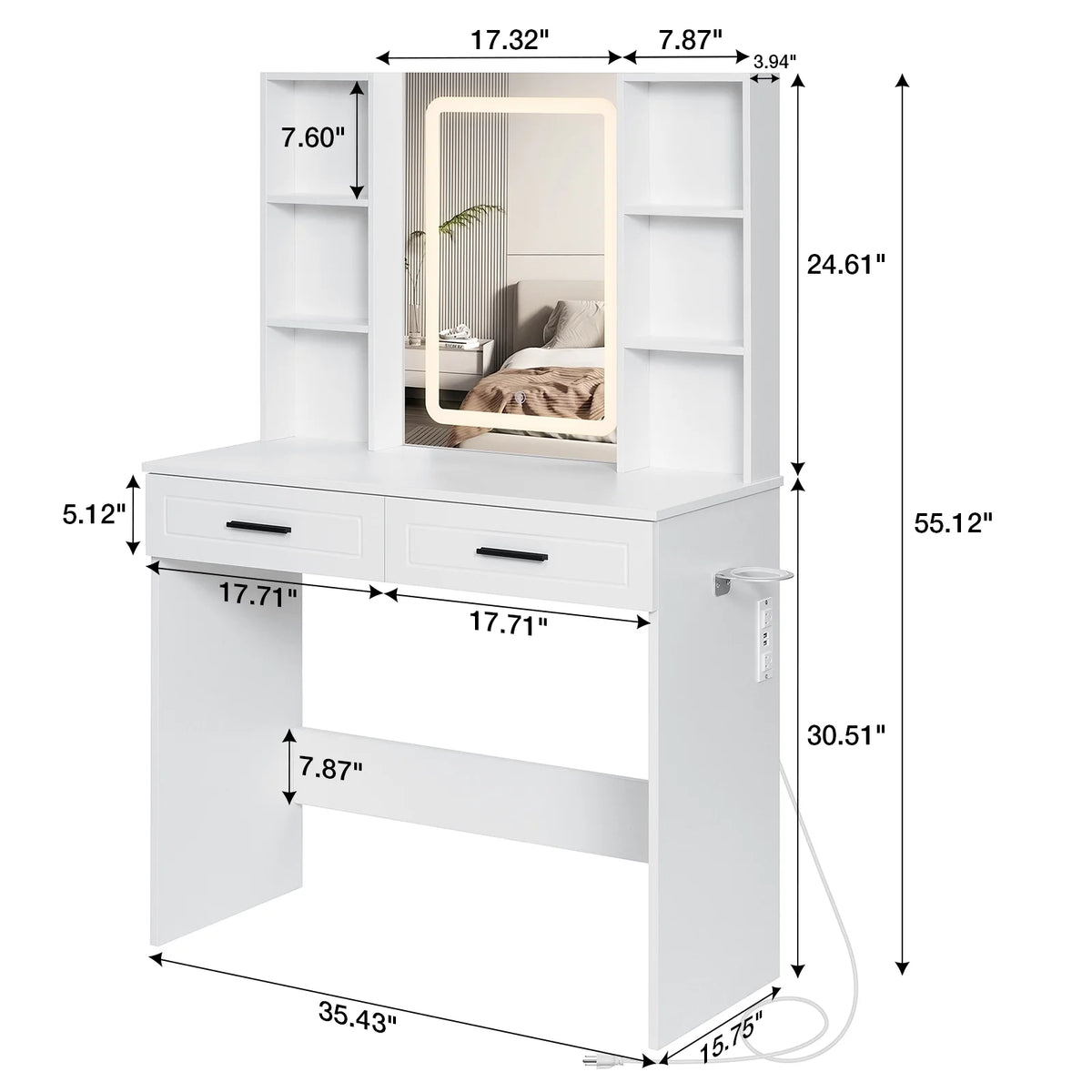 Hommpa Vanity, Makeup Vanity with LED Lighted Mirror Vanity Desk with Drawers Vanity Table with Charging Station for Girls Bedroom Storage Shelves, White