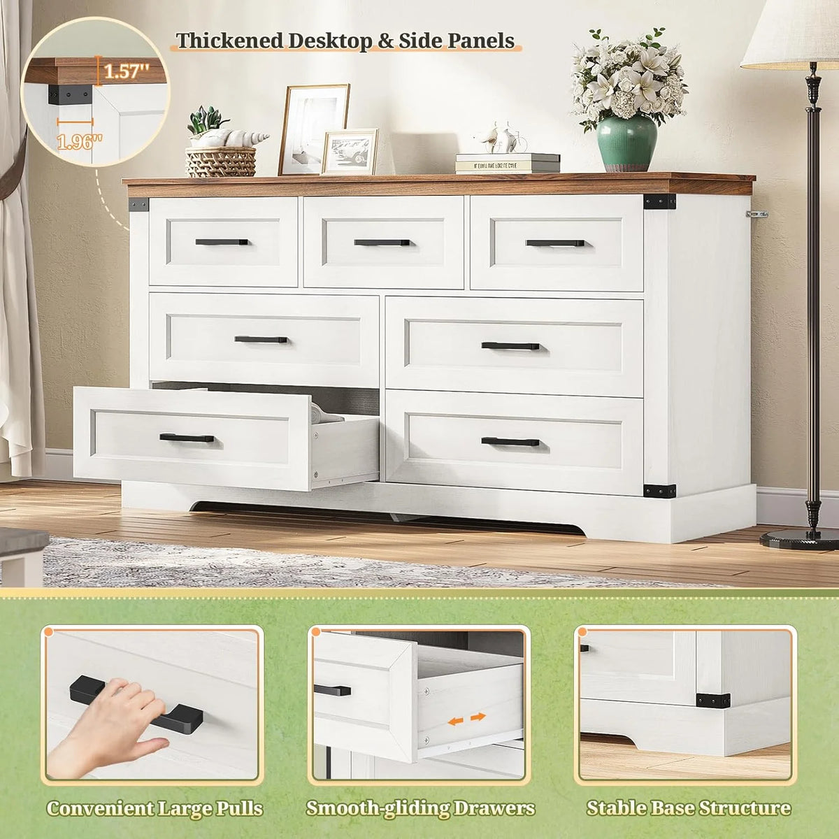 Aunfebrco Black Dresser for Bedroom Farmhouse 7 Drawers Dresser & Chest of Drawers with Thick Styling, Large Clothing Storage Organizer for Living Room