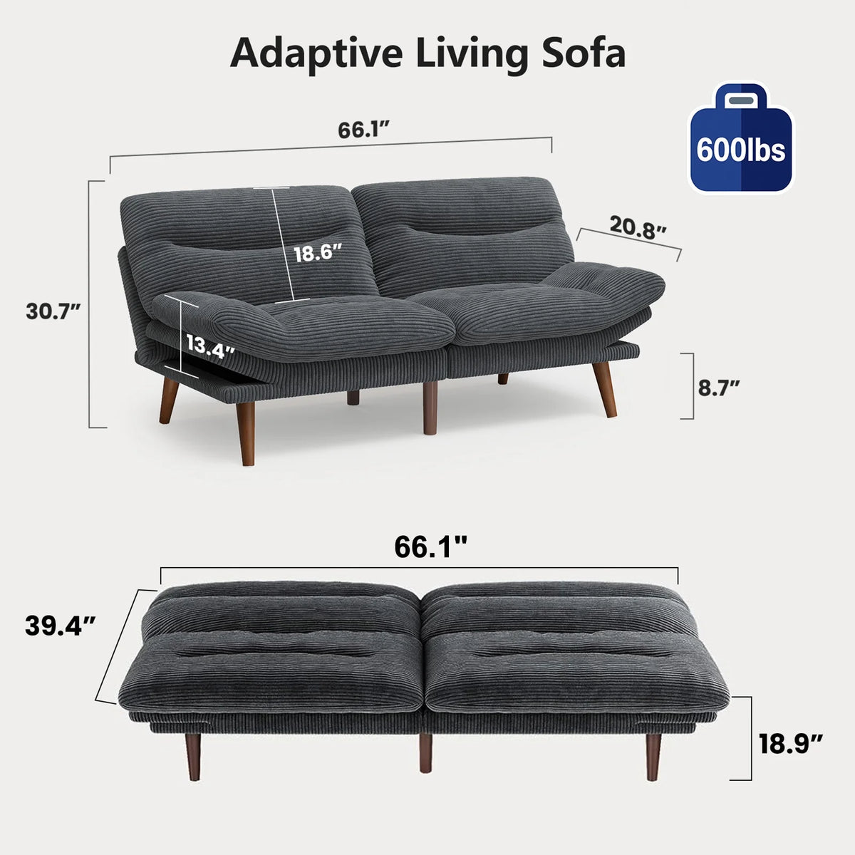 CHITOOMA 66" Futon Sofa Bed with Adjustable Backrest and 6-Level Armrests, Grey Corduroy Convertible Futon Couch, Comfy Loveseat for Small Spaces, Apartment or Office