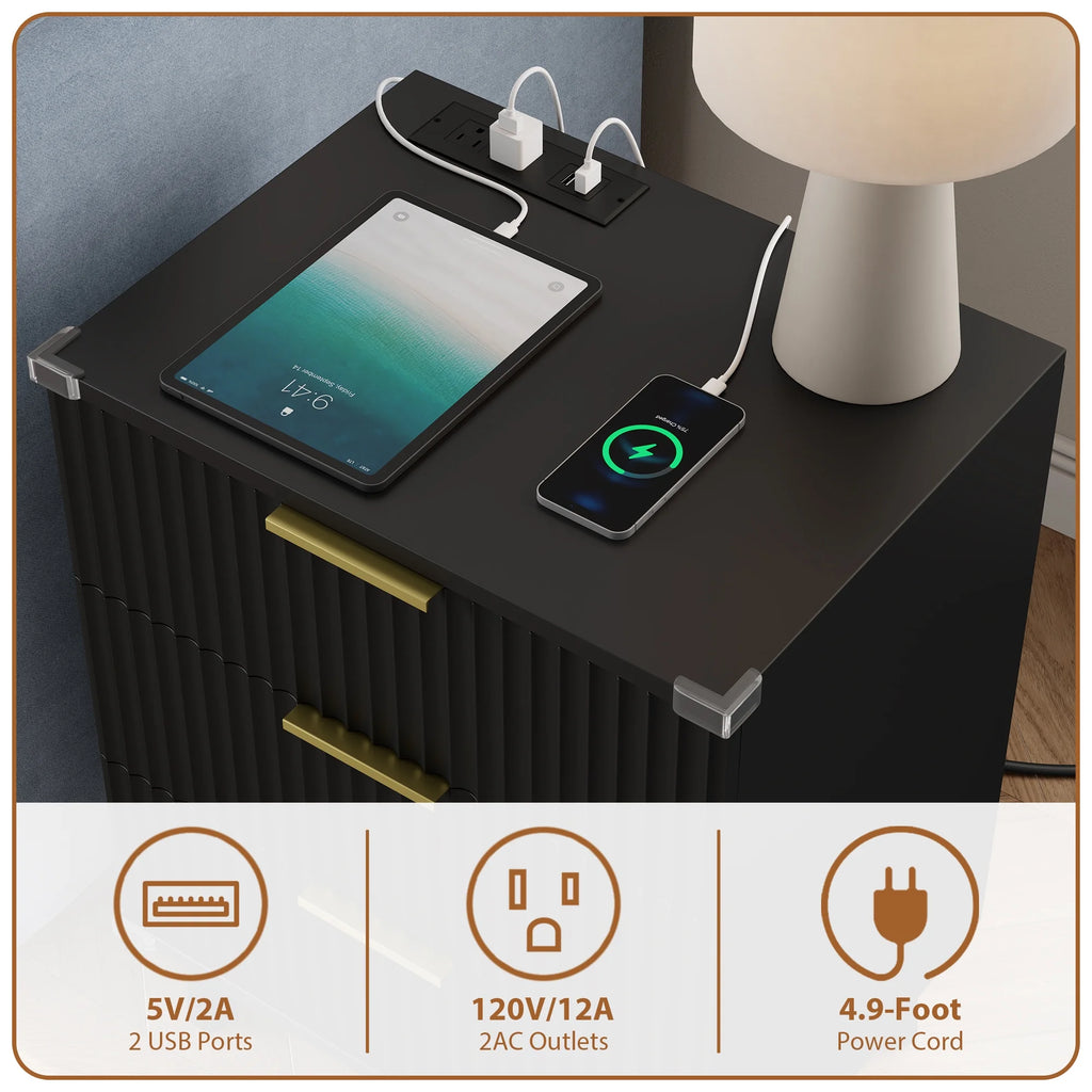 GIKPAL Night Stands for Bedroom, Modern Bedside Table with 3 Drawers & Charging Station,Fluted Panel End Tables for Bedroom  & Living Room, Natural