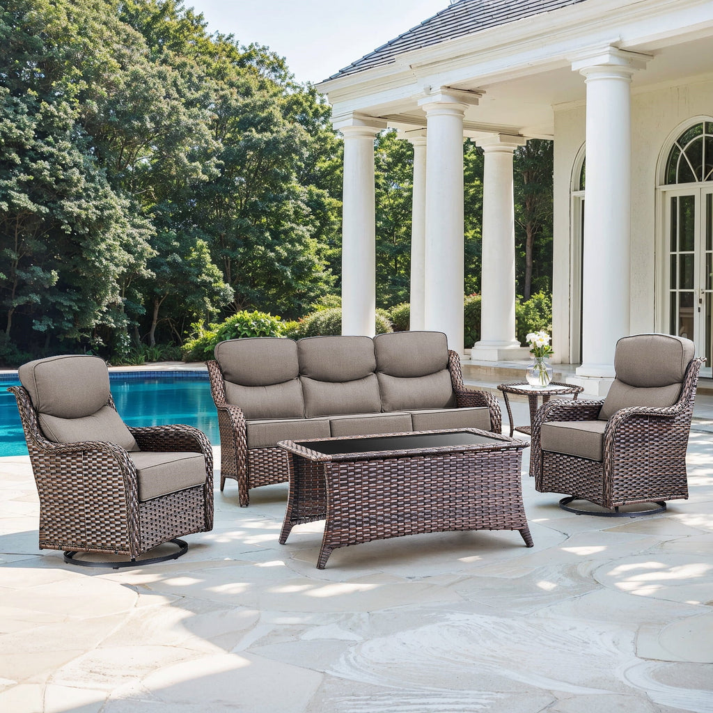 Bellefurn Luxury Outdoor Patio Furniture Set,Swivel Rocker Patio Chairs with 6-inch Thick Cushion,Patio Sofa and Glass Coffee Table,Outdoor Conversation Set for Porch, Deck, Yard