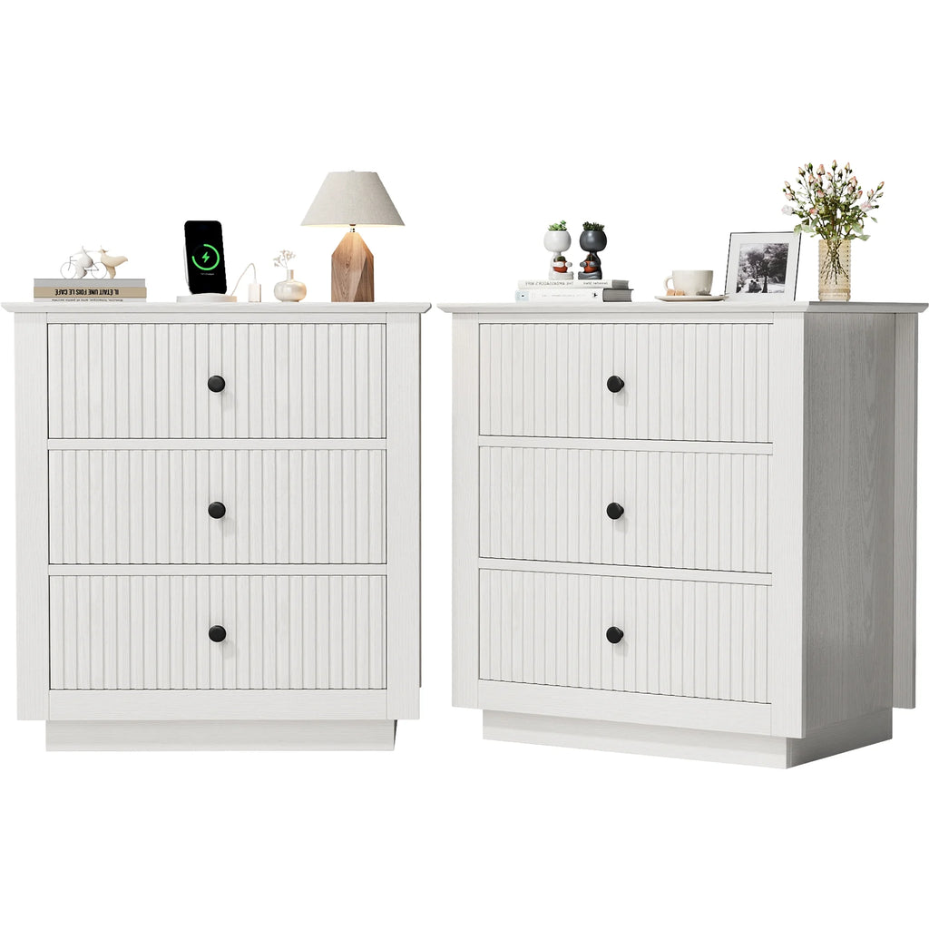 IDEALSOUL Nightstand Set of 2, 24" Wide End Table with Storage, Fluted Nightstand with USB Charging Station, Large 3 Drawers nightstand for Bedroom Living Room(2pc, White)