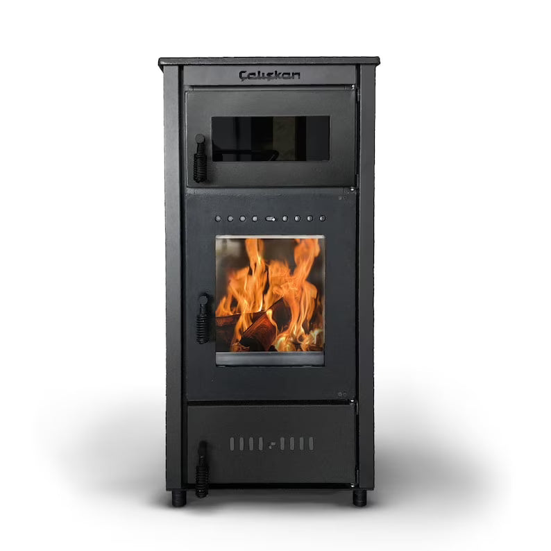 Wood Burning Stove, Superior Cast Iron, Black Modern Indoor Winter Heater, Cooking with Oven, High Efficiency