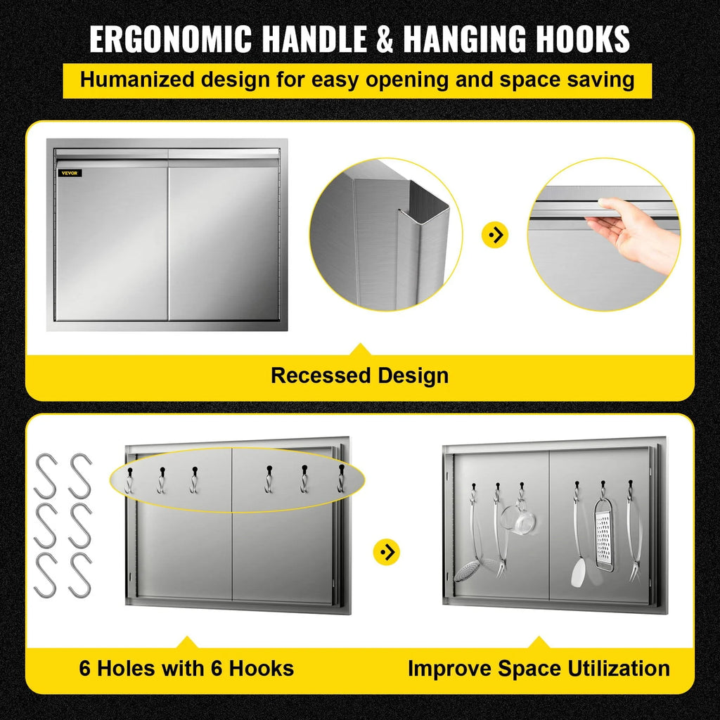 Double Access Door, 30''Wx21''H Outdoor Kitchen Door, Double Wall Stainless Steel Outdoor Cabinets with Hooks, Brushed Steel Access Door BBQ Doors, Easy to Install for BBQ Island Grill Station