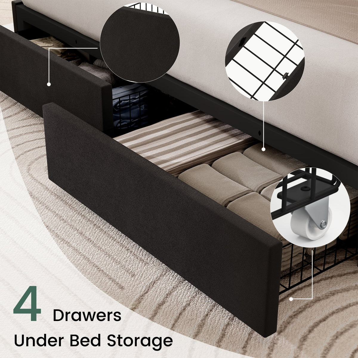 LARMACE King Size Upholstered Bed Frame with 4 Storage Drawers and Vertical Channel Tufted Headboard Linen Platform Bed Frame Wingback Beds with Wooden Slats Support, Beige