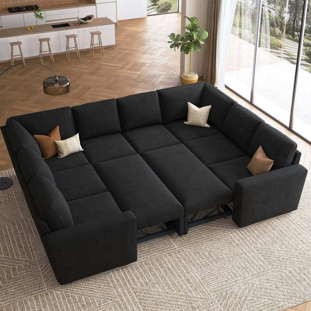 Honbay Convertible Velvet Sofa Bed with Pull-Out Couch Bed and Storage, Black
