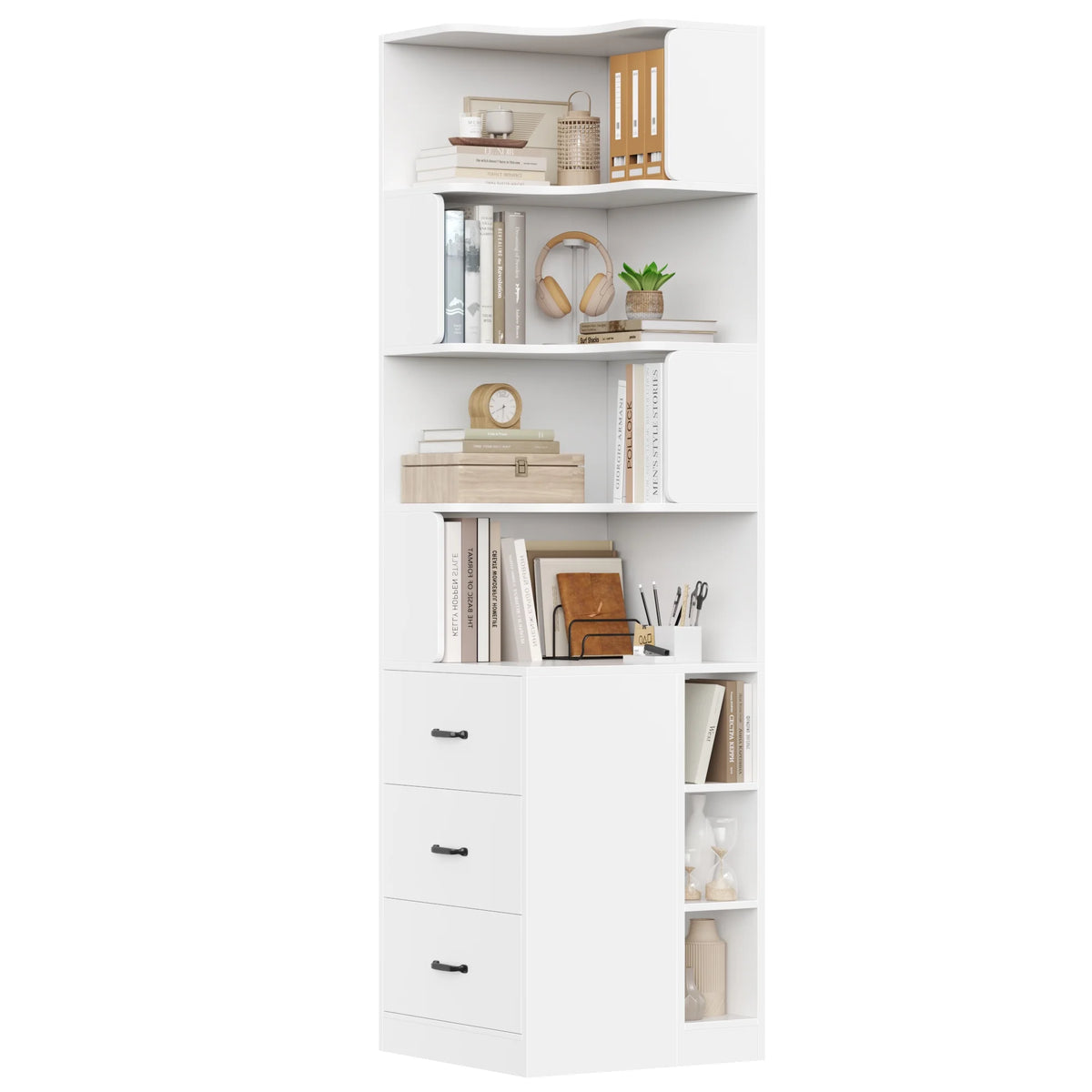 Hiphuta 77"Tall L-Shaped Corner Bookshelf with Drawers and Side Storage, Modern Wood Bookcase with 4-Tier Display Shelves Storage Cabinet for Living Room Home Office , Black