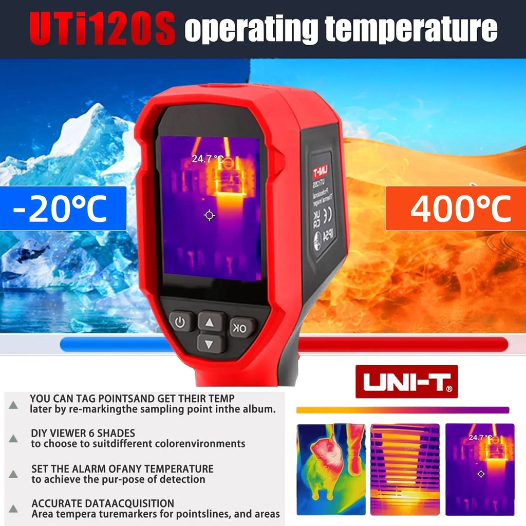 UNI-T UTI120S Thermal Imaging Camera 120x90 IR Resolution 10800 Pixels -20~400�� 2 Meter Drop Durability IP54 Rechargeable 16GB MicroSD