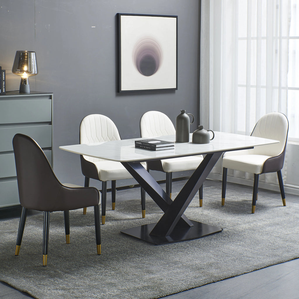 Leavader 63" White Stone Dining Table Set with Black Carbon Steel Base with 6 Dining Chairs