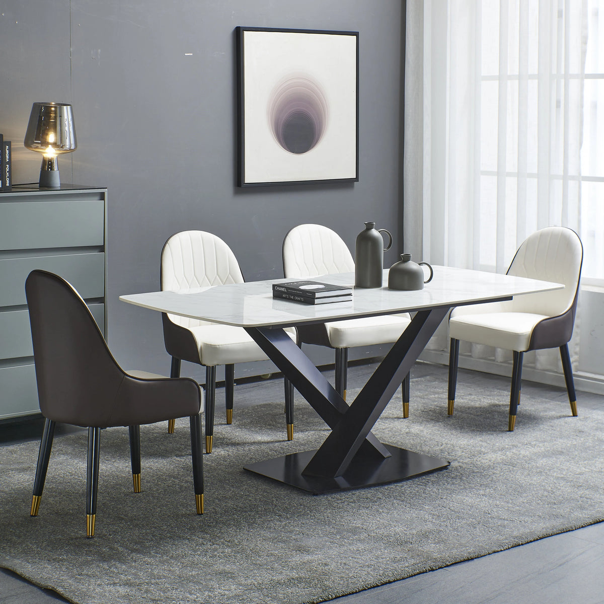 Leavader 63" White Stone Dining Table Set with Black Carbon Steel Base with 6 Dining Chairs