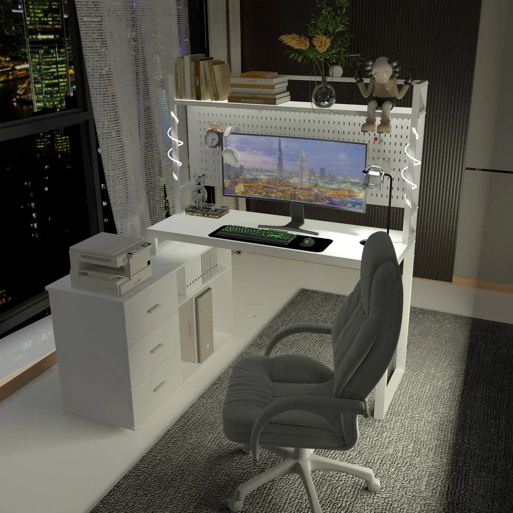 PAKASEPT 4 In 1 Home Office Computer Desk L Shaped Desk, Reversible Corner Desk with Drawers & Shelves & Pegboard, White Desk Study Writing Table for Home Office