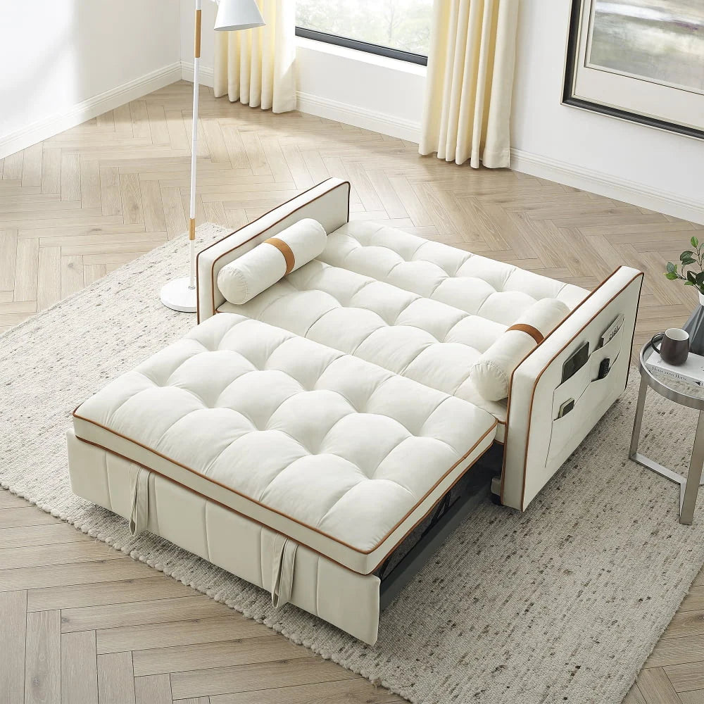 55.5" Modern Velvet Pull Out Sleep Sofa Bed,Convertible 2 Seater Loveseats Sofa Couch with Side Pockets, Velvet Sleeper Bed with Adjsutable Backrest and Lumbar Pillows for Small Space(Beige)